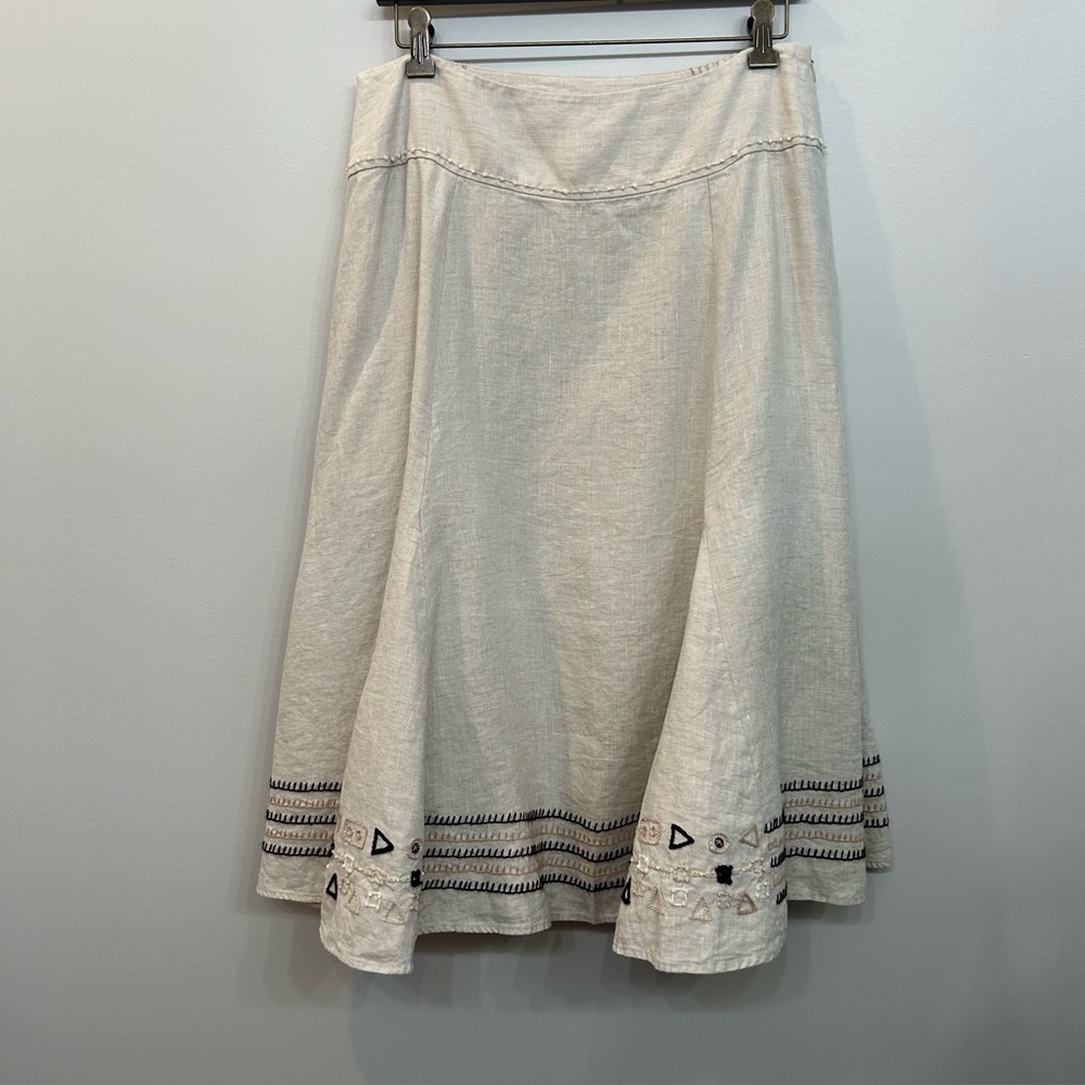 Vintage CHICO’S Linen Midi Length Skirt Flax Colored Embroidery Beading Lined Si